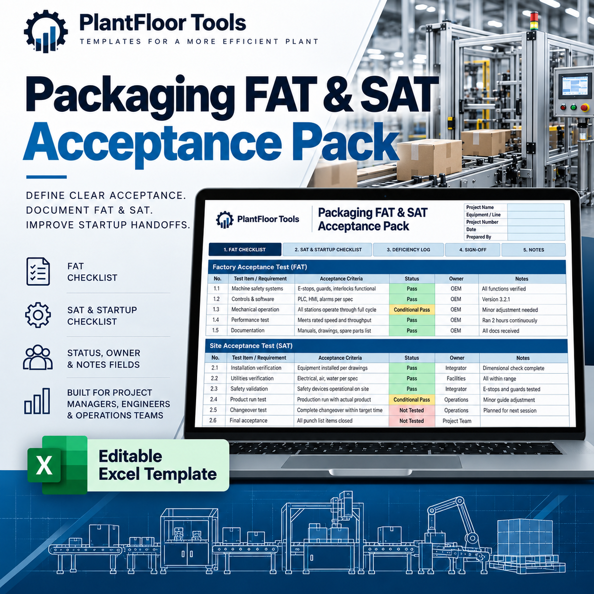PlantFloor Tools Packaging FAT and SAT Acceptance Pack Excel template