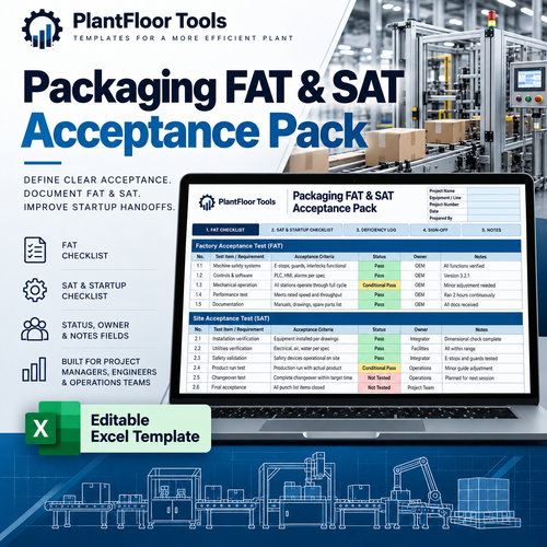 PlantFloor Tools Packaging FAT and SAT Acceptance Pack Excel template